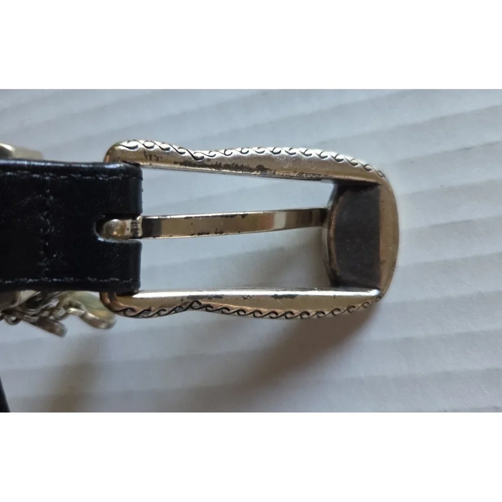 Vtg Brighton Skinny Belt B30283 Black Silver Buckle 3 Small Heart Charms Lg 34